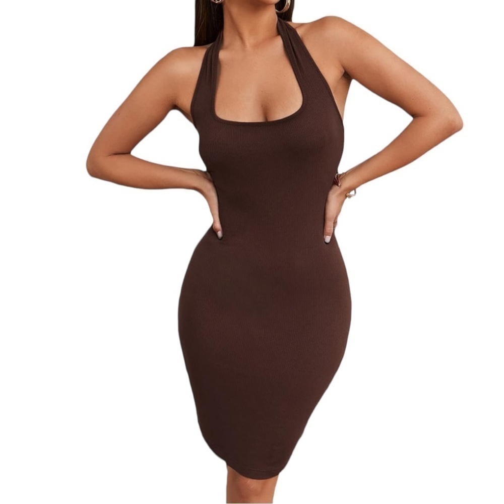SHEIN EZwear Solid Rib-Knit Backless Dress